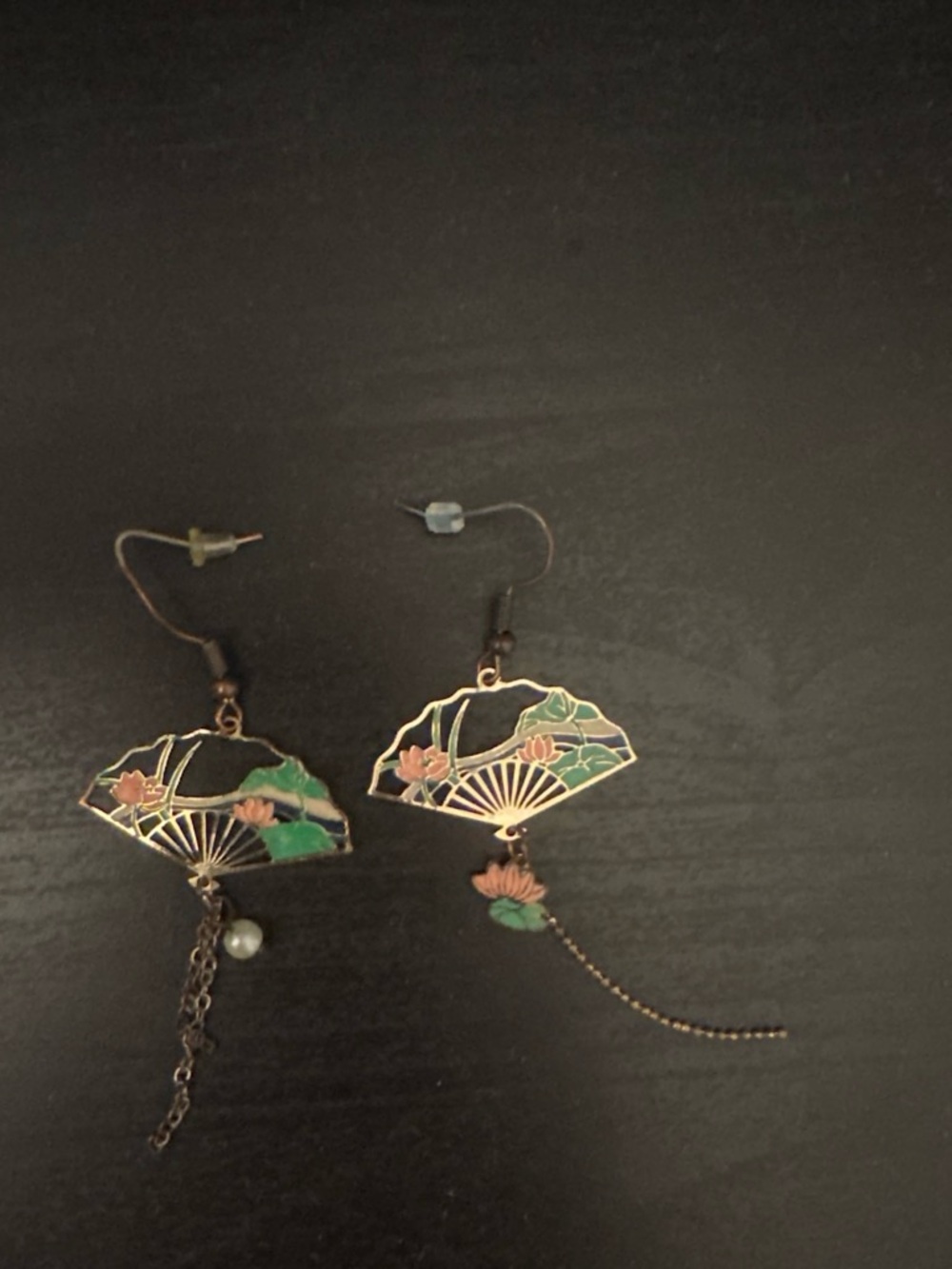 Vintage-Inspired Enamel Fan Earrings in Black, Green & Pink